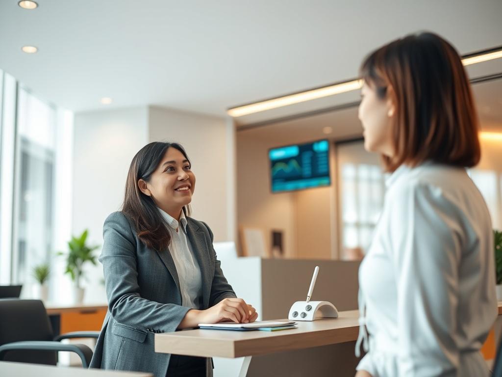 A serene office environment showcasing a modern bank interior, with a single professional, engaged in conversation with a client. The atmosphere is calm and welcoming, featuring soft tones and gentle lighting. In the background, elements of digital technology such as screens displaying financial data can be seen, symbolizing innovation in banking. The color palette should harmonize with the primary color rgb(50, 170, 39).