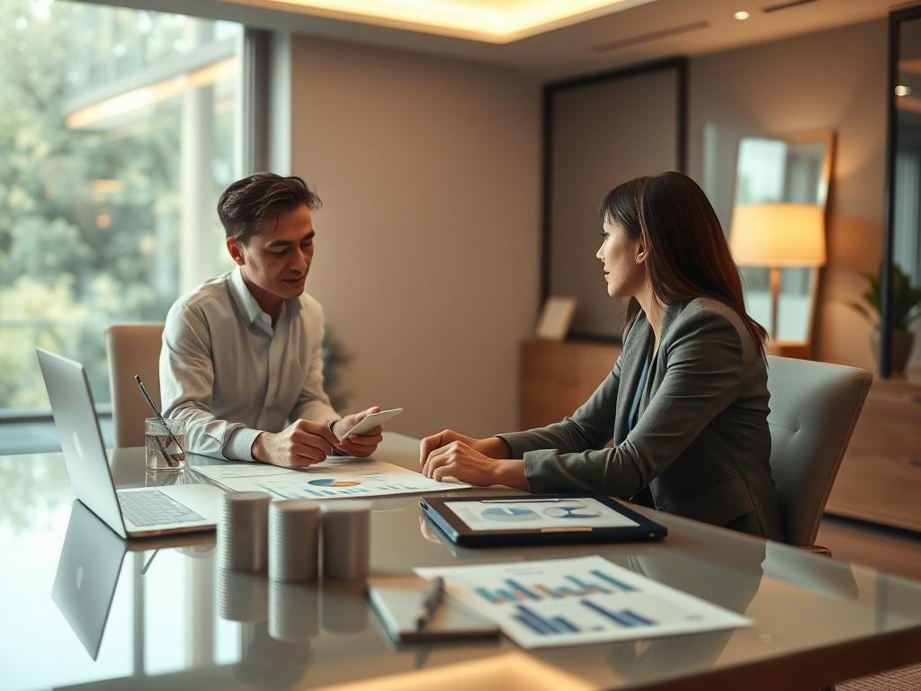 A serene office setting where a financial advisor discusses investment